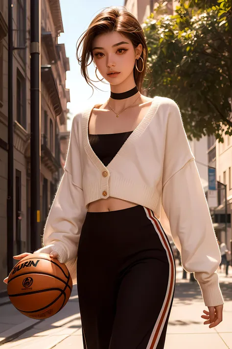 arafed woman walking down a street holding a basketball