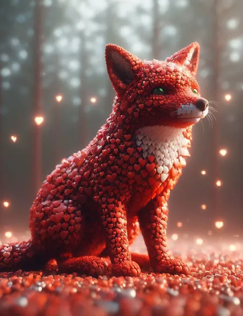 ap0l0veh3art5 style, ((red fox)), sitting facing viewer, [green eyes:5],  cuddly, warm atmosphere, 
perfect composition, ultrahigh detail, UHD, 8k wallpaper, octane render, forest background, bokeh lights
 <lora:apoloveheartsxlv1:1.3>, <lora:EnvyBetterHire...