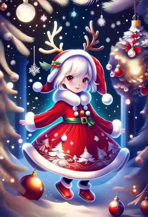 cute girl wearing red Christmas dress is hugging happy reindeer,
(snowy forest, moonlight, Christmas trees), (sparkles, sparkling clothes, sparkling eyes),