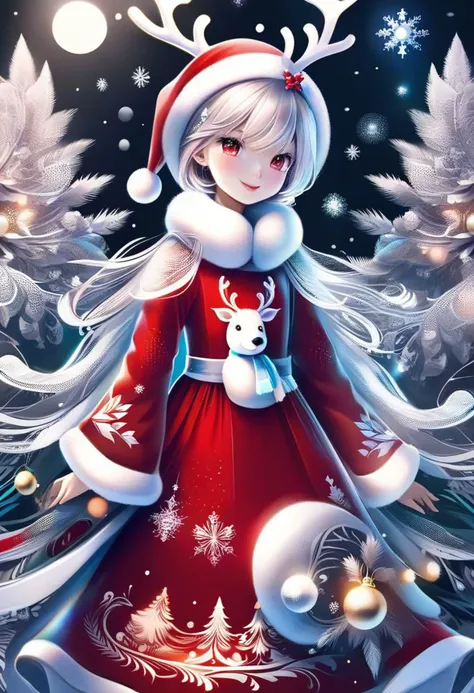 a girl in a red dress and reindeer hat standing in front of a christmas tree