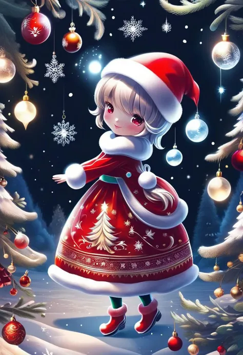 FrostedStyle, cute girl wearing red Christmas dress is hugging happy reindeer,
(snowy forest, moonlight, Christmas trees), (sparkles, sparkling clothes, sparkling eyes),