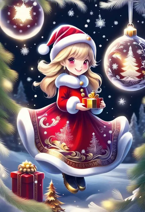 FrostedStyle, cute girl wearing red Christmas dress is holding Christmas present, big happy smile with closed eyes,
(snowy forest, moonlight, Christmas trees), (sparkles, sparkling clothes, sparkling eyes),