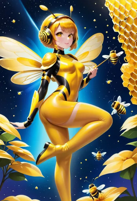 dvr-honey, beautiful beegirl wearing yellow made of dvr-honey beegirl outfit, bee leotard, bee wings,
(inside giant beehive), (sparkles, sparkling clothes, sparkling eyes), sharp focus, (glossy clothing, glittering fabric),