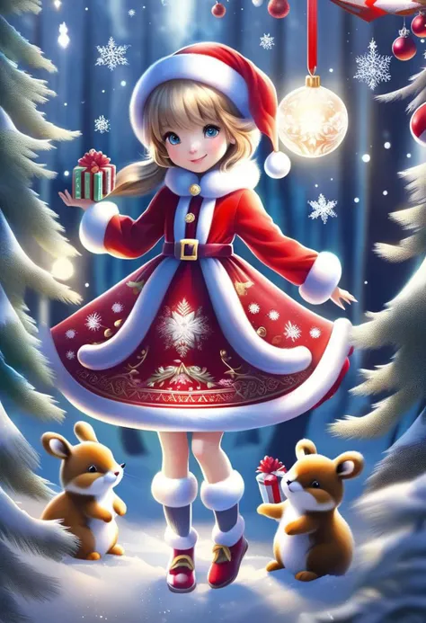 FrostedStyle, cute girl wearing red Christmas dress is holding Christmas present, happy smile, surrounded by small woodland animals,
(snowy forest, moonlight, Christmas trees), (sparkles, sparkling clothes, sparkling eyes),
