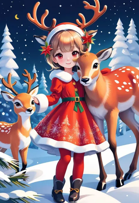 a girl in a red dress and deers in the snow