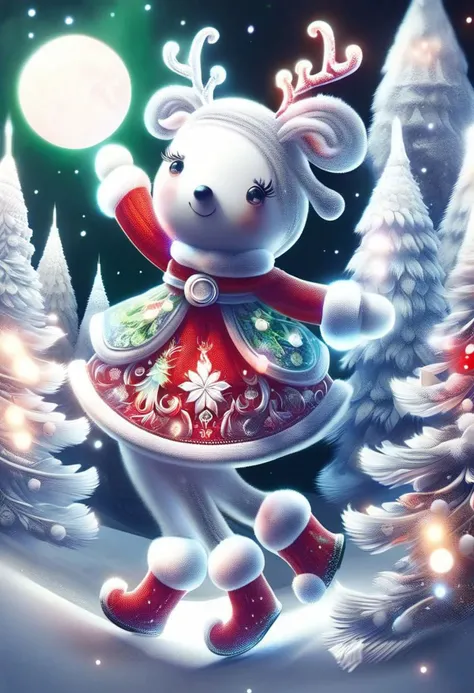 (FrostedStyle, SnowStyle, AuroraStyle:0.3), cute girl wearing red Christmas dress is hugging happy reindeer,
(snowy forest, moonlight, Christmas trees), (sparkles, sparkling clothes, sparkling eyes),