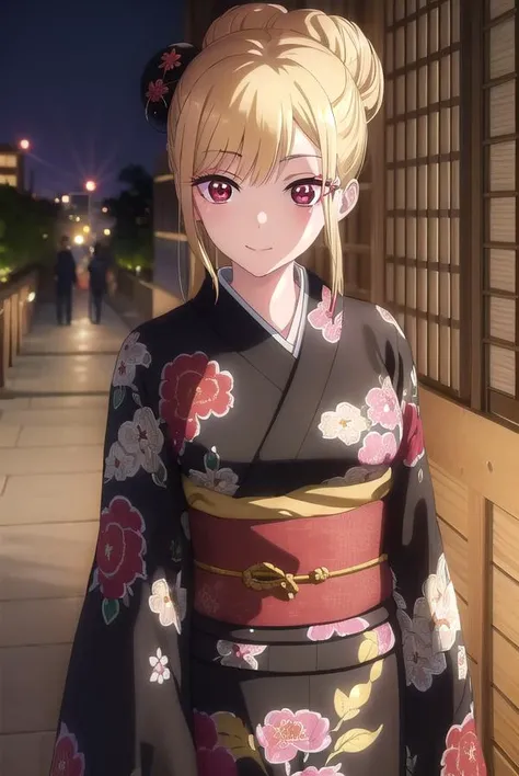 marinkitagawa, <lyco:marinkitagawas1-lyco-nochekaiser:1>, 
marin kitagawa, long hair, bangs, blonde hair, (red eyes:1.5), multicolored hair, smile,
BREAK japanese clothes, kimono, bag, sash, obi, floral print, yukata, (black kimono:1.5), hair bun, single h...