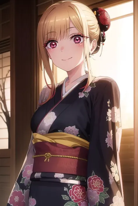 marinkitagawa, <lyco:marinkitagawas1-lyco-nochekaiser:1>, 
marin kitagawa, long hair, bangs, blonde hair, (red eyes:1.5), multicolored hair, smile,
BREAK japanese clothes, kimono, bag, sash, obi, floral print, yukata, (black kimono:1.5), hair bun, single h...