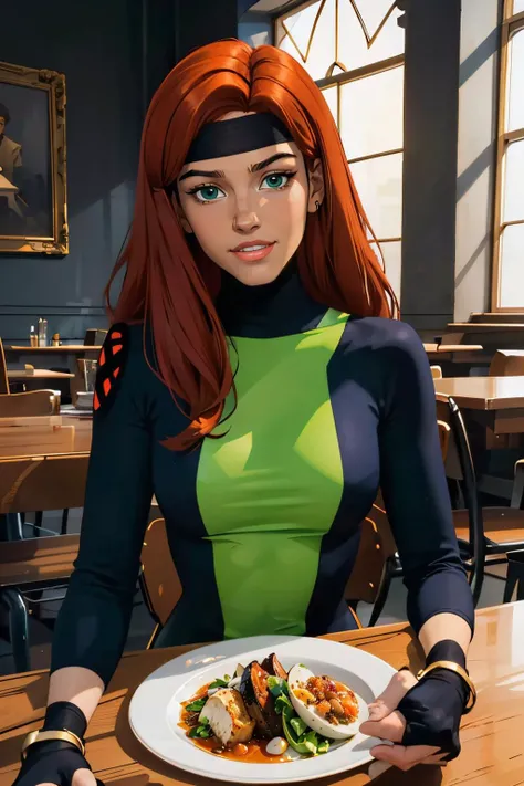 jean grey,long red hair,makeup, green eyes,jewelry,bracelet,black headband, green bodysuit,multi colored bodysuit, turtleneck,fingerless gloves,long sleeves, looking at viewer, smiling, happy, teeth,
sitting, inside a cozy restaurant, table, table full of ...