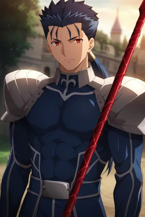 a close up of a person with a sword in a field