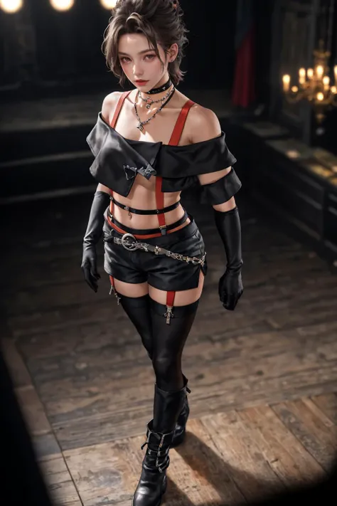 highres,absurdres,masterpiece,best quality,original,extremely detailed CG,extremely detailed wallpaper,perfect lighting,standing on the stage,blurry background,(from above),looking at viewer,
<lora:paine-nvwls-v1:0.6>,paine,choker,necklace,crop top,off-sho...