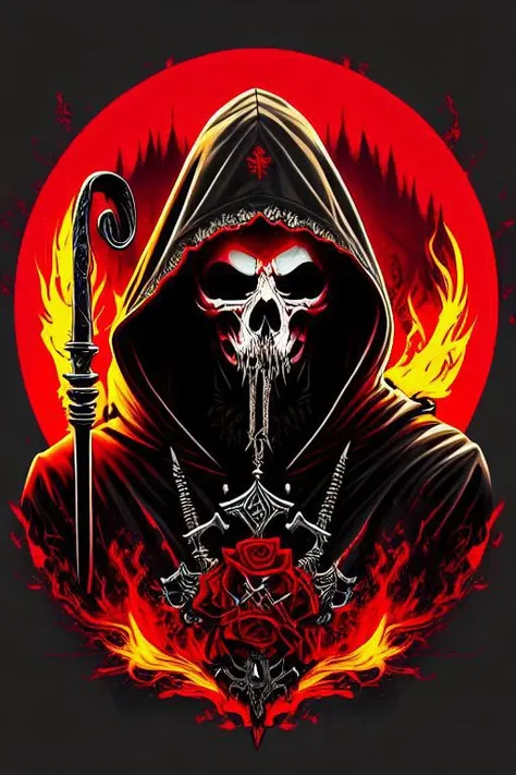 hooded grim reaper, (empty background :1.4), scythe, streetwear, blood, flame, colorfull, realistic, intricare, horror, extremel...