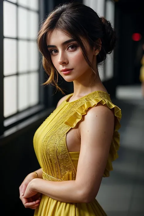 photo of beautiful (truka1t-135:0.99), a woman in a (movie premiere gala:1.1), perfect hair, hair upsweep updo, wearing yellow (habit:1.1),  ((Biohazard:1.1)), modelshoot style, (extremely detailed CG unity 8k wallpaper), professional majestic (photography...