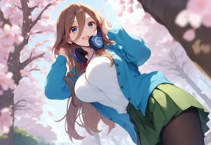 anime girl with headphones on listening to music in the park