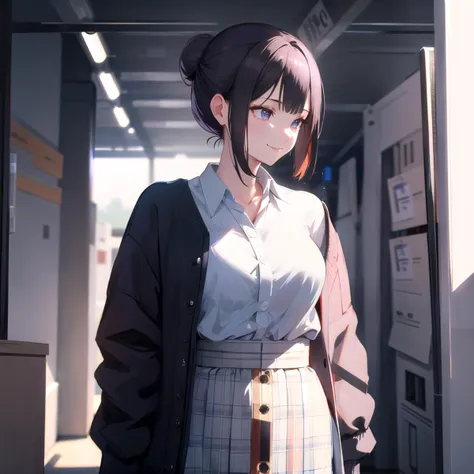 anime girl in a school uniform standing in a hallway