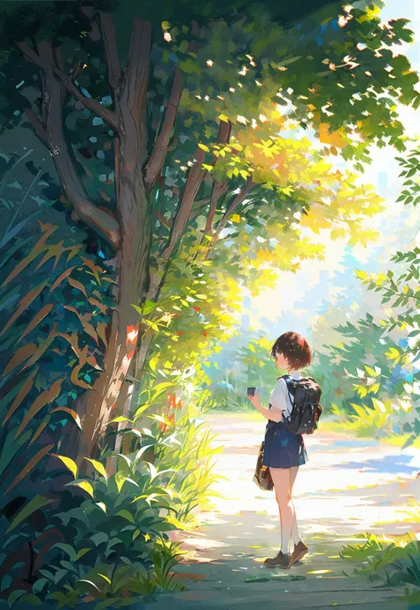 1girl, tree, outdoors, black hair, short hair, cat, solo, backpack, scenery, day, shirt, leaf, nature, bag, sunlight, wide shot, white shirt, dappled sunlightï¼ (illustration:1.0), masterpiece, best quality,  <lora:Speedpainta:0.7>