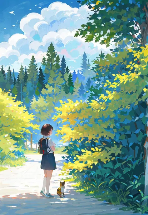 1girl, tree, outdoors, black hair, short hair, cat, solo, backpack, scenery, day, shirt, leaf, nature, bag, sunlight, wide shot, white shirt, dappled sunlightï¼ (illustration:1.0), masterpiece, best quality,  <lora:Speedpainta:0.7>