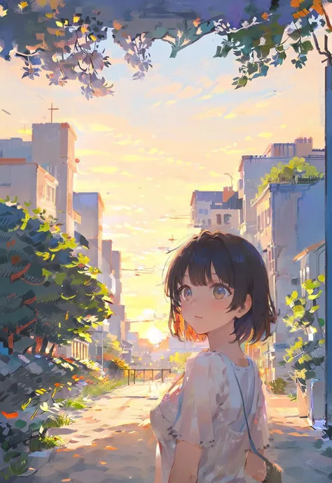 1 girl, solo, outdoors, sky,  clouds, short hair, brown eyes, buildings, short sleeves, poles, upper body, , wires, trees, , landscape, bangs, sunset, scenery,  (illustration:1.0), masterpiece, best quality,  <lora:Speedpainta:0.76>