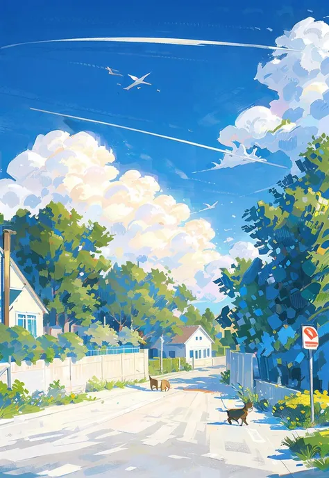 outdoors, sky, cat, cloud, no humans, road, sign, scenery, day, house, building, blue sky, bush, road sign, tree, street, plant, contrail, shadow, windowï¼ (illustration:1.0), masterpiece, best quality,  <lora:Speedpainta:0.7>