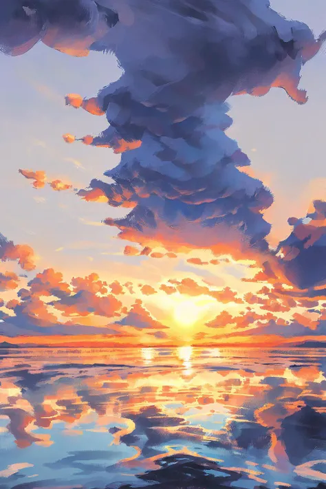 cloud, sky, no humans, outdoors, scenery, cloudy sky, sunset, reflection, outdoors, (illustration:1.0), masterpiece, best quality,  <lora:Speedpainta:0.88>