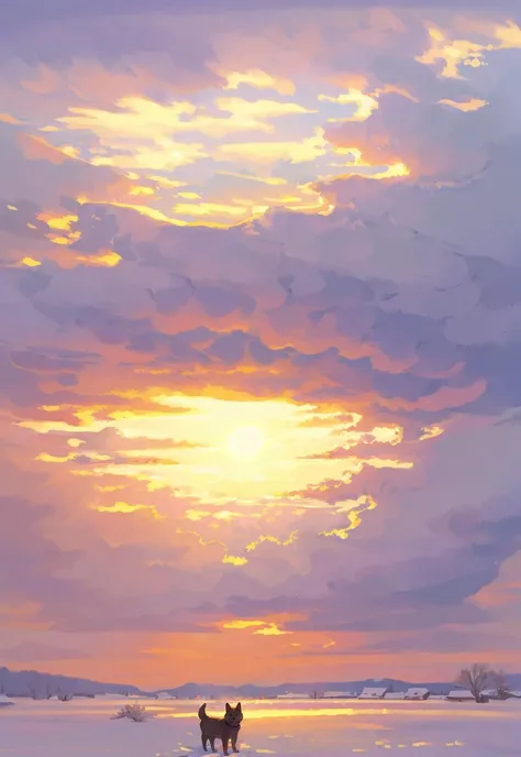 outdoors, cloud, scenery, sky, no humans, tree, snow, sunset, grass, cloudy sky, dogï¼ sunlight sunrise, reflection, outdoor, vista, (illustration:1.0), masterpiece, best quality,  <lora:Speedpainta:0.72>