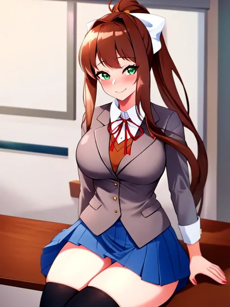 masterpiece, best quality, detailed, 1girl, solo,  classroom background, thick thighs, thigh gap, sitting on chair, smug face,, , <lora:Kuavera-Style:1>,, Monika, bangs, very long hair, long hair, neck ribbon, ponytail, shirt, school uniform, hair bow, whi...