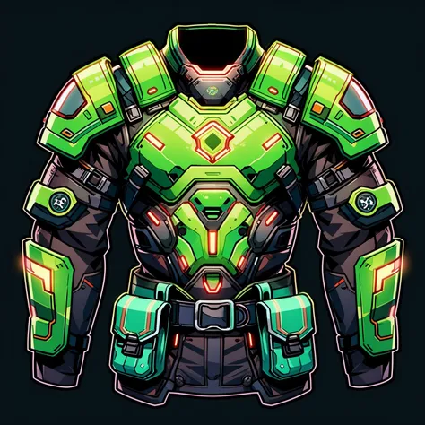 a close up of a green and black armor suit with a red light