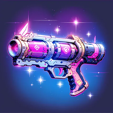 a close up of a pink and blue gun with a star in the background