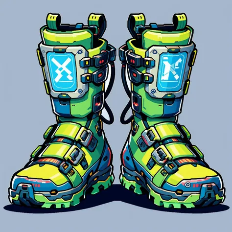 a close up of a pair of ski boots with a blue and green logo