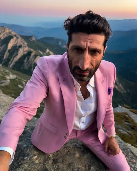 a close up of a man in a pink suit sitting on a rock