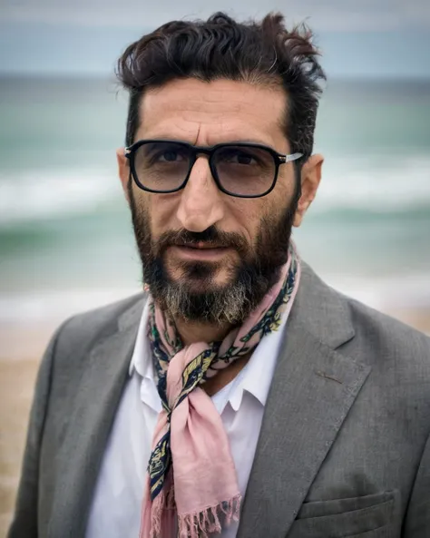 arafed man with glasses and a pink scarf standing on the beach