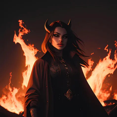 a close up of a woman in a black outfit standing in front of a fire