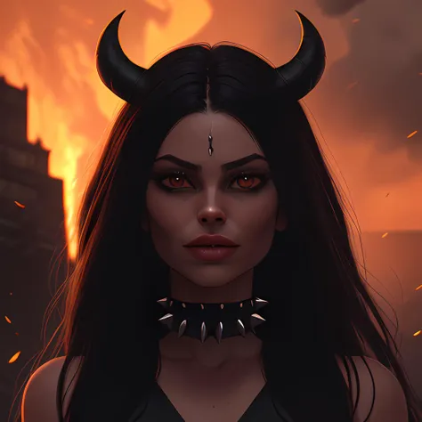 a close up of a woman with horns and a necklace