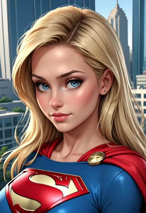 supergirl, upper body, blonde hair, upper body, city background, stylized, sharp, extreme detailed, HD, HDR, , masterpiece, high quality, high resolution, breathtaking, award-winning, professional, sleeves past wrists, ((closed mouth)),