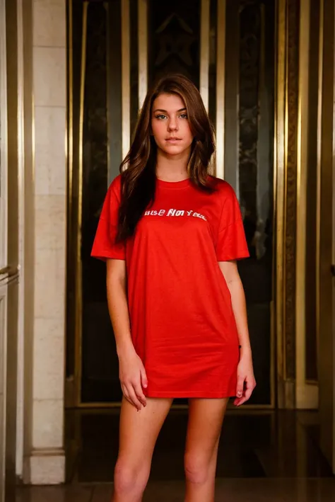 A full color portrait of a beautiful 18 year old woman, wearing  a red t-shirt, Metropolitan Museum of Art, New York, full body, epic character composition,by ilya kuvshinov, alessio albi, nina masic,sharp focus, subsurface scattering, f2, 35mm, film grain...