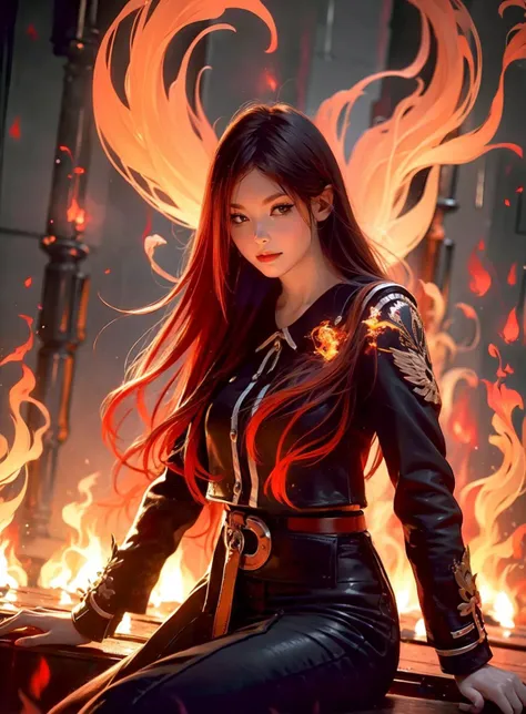 a woman in a black leather outfit sitting on a table with fire