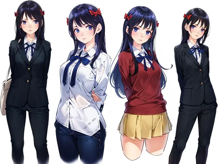 three anime girls in school uniforms are standing next to each other