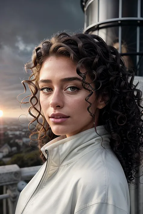 beautiful woman (Deb0r4G0m3s-420:.99), beautiful (curly hair:1.2), (on top of a lighthouse:1.1), elegant, windy, hair blowing in wind, wind lift, natural skin texture, (fashionable wind-breaker jacket), (turtleneck), sunset, cute smile, 24mm, 4k textures, ...