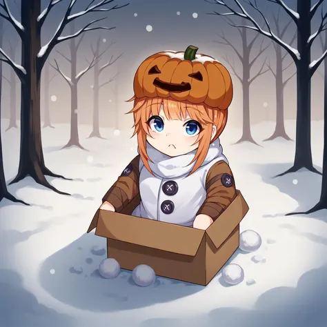 b0xe,chibi, in box,sitting,
sgolem, blue eyes, pumpkin hat, white coat, orange sleeves, white skirt, buttons, snowing, snowball,...