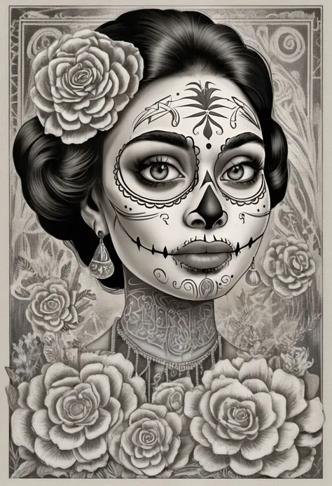 a drawing of a woman with a skull face and roses