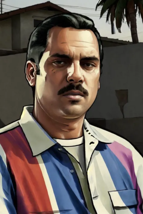 closeup gta san andreas portrait painting, <lora:gtasanandreas-style-richy-v1:.9> Pablo Escobar in a colorful striped shirt in front of a villa in the background