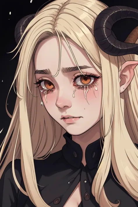 a succubus girl, blonde, long hairs, goat horns, thin horn, masterpiece, facial portrait, best quality, sad, tears, tangled hair, beaten, brown eyes, black outfit,