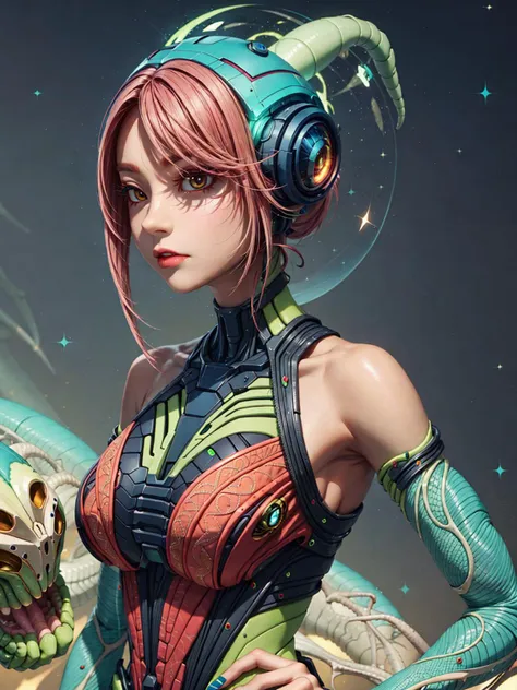 a close up of a woman in a futuristic outfit with a dragon