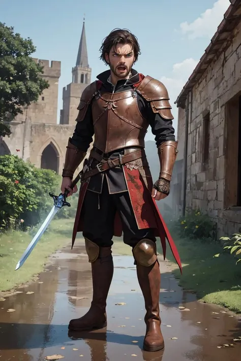 (masterpiece, best quality), a full body dynamic pose, cinematic shot, combat, photo of a (shouting masculine man, (short dark hair), angry facial expression stubble:1.2) futuristic red/black armor (muddy leather boots, tightly gripping swinging longsword:...