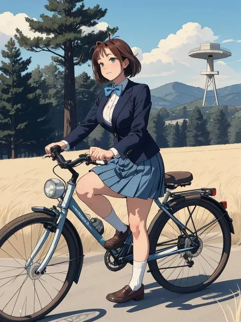 anime girl riding a bike in a field with a windmill in the background