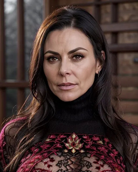 a close up of a woman with long hair wearing a red dress