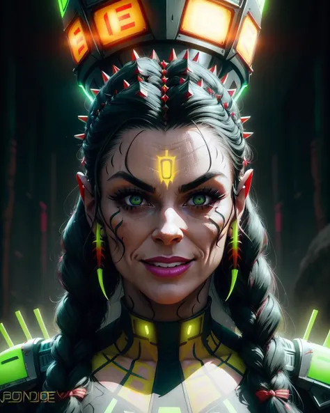 a close up of a woman with a large headpiece and glowing eyes