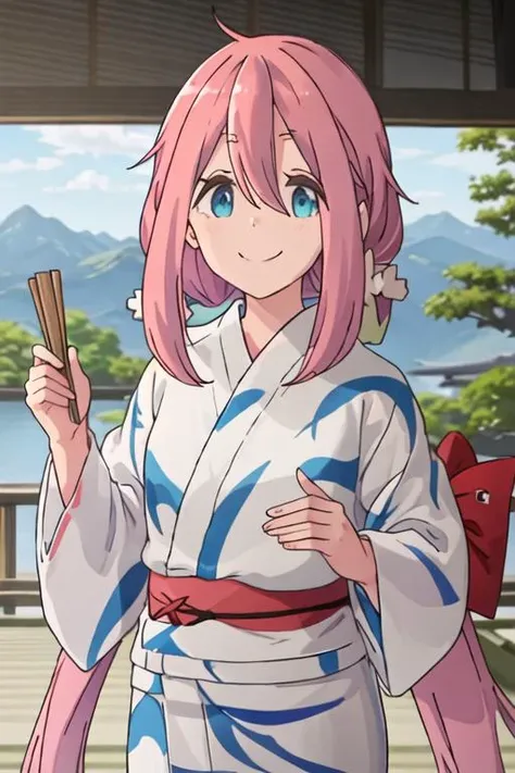 best quality, masterpiece, highres, solo, {yukata:1.40}, {kimono:1.20}, {kagamihara_nadeshiko_yurucamp:1.15}, pink_hair, long_hair, hair_between_eyes, blue_eyes, closed_mouth, smile