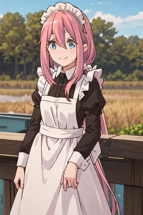 best quality, masterpiece, highres, solo, {maid:1.40}, {long maid dress:1.15}, {kagamihara_nadeshiko_yurucamp:1.15}, pink_hair, long_hair, hair_between_eyes, blue_eyes, closed_mouth, smile