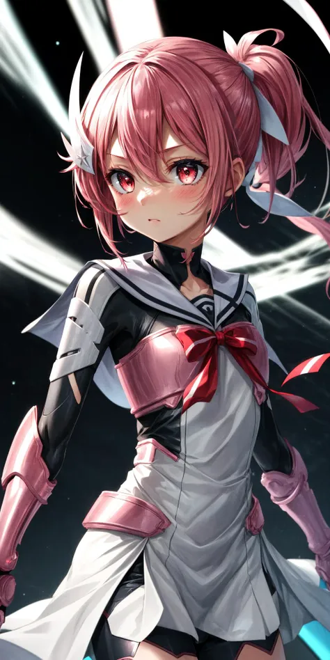 anime girl with pink hair and a white dress and a red bow